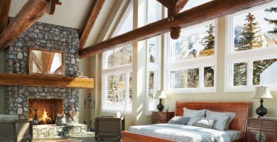 Dormitorios con pared de piedra natural